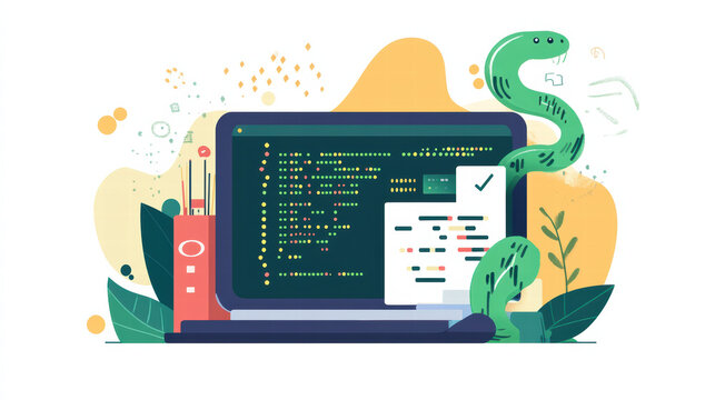 conceptual image of software development featuring laptop displaying code, snake, and plants, symbolizing programming and creativity