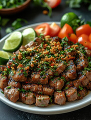 Grilled Meat, Lemon, Tomato, Green Herbs, Cumin Seeds on Dark Surface for Food Photography