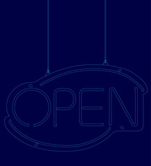 Blue sign that says Open. The sign is hanging from a blue background. The sign is illuminated and he is a neon sign