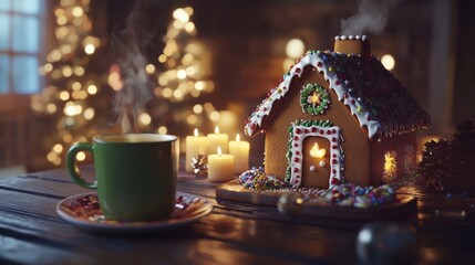 Cozy gingerbread house with steaming cup of cocoa, candles, and festive decorations create a warm holiday vibe.