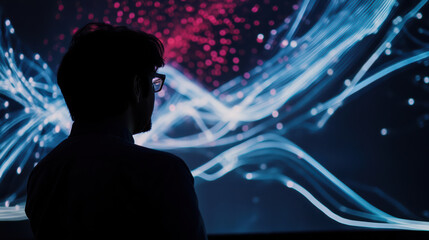 person observing vibrant digital patterns and light trails, immersed in creative coding environment. scene captures essence of technology and innovation