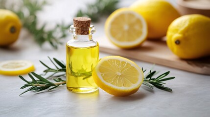 Lemon essential oil with fresh lemons and rosemary twigs