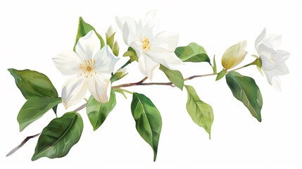 Obraz premium Elegant White Jasmine Branch: Botanical Watercolor Illustration