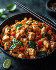 Asian Chicken Stir-Fry Noodles with Cherry Tomatoes, Green Onions, and Mint Leaves Served in a Black Dish on a Dark Table, for Home Cooking or Food Photography