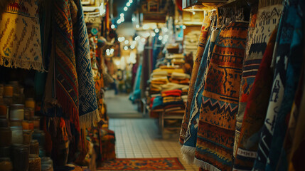 Traditional rug and textile market showcasing colorful handmade designs.

