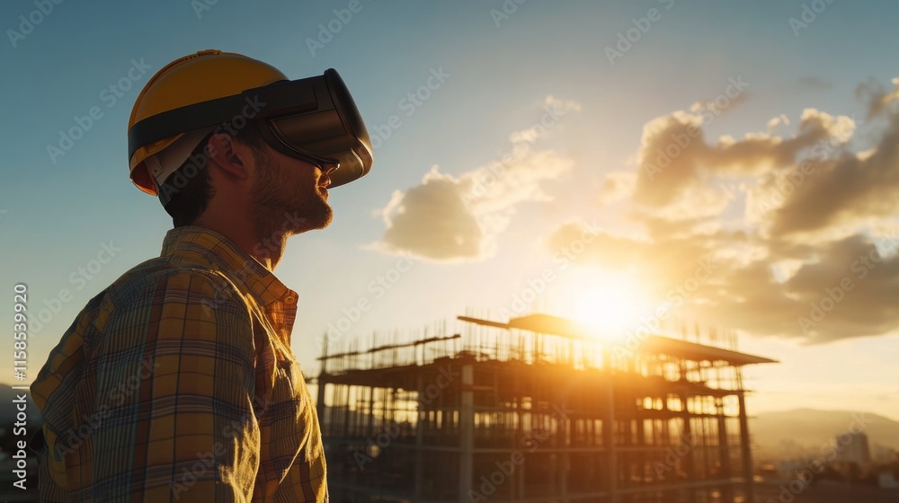 Aufkleber A construction worker wears a virtual reality headset while observing a building under construction as the sun sets in the background.