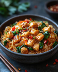 Spicy Asian Chicken Bowl, Sesame-Seed Topped with Green Herbs and Red Peppers, on Dark Dining Table for Food Advertisements or Culinary Blogs