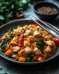Chicken Stir Fry on Black Plate with Garnish, Food Photography in Inviting Setting for Stock Purposes