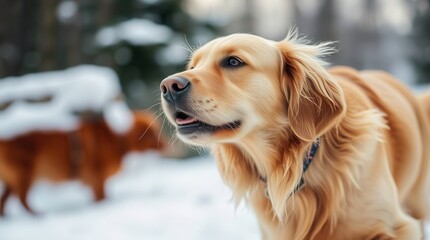 A serene golden retriever enjoys the snowy landscape, showcasing its playful spirit and loyalty amidst a wintery backdrop.