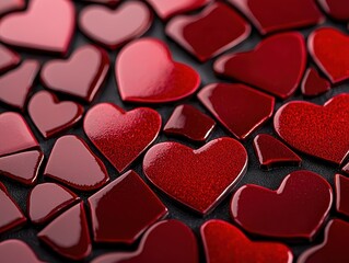 Obraz premium A vibrant collection of glossy red heart-shaped pieces on a dark surface.