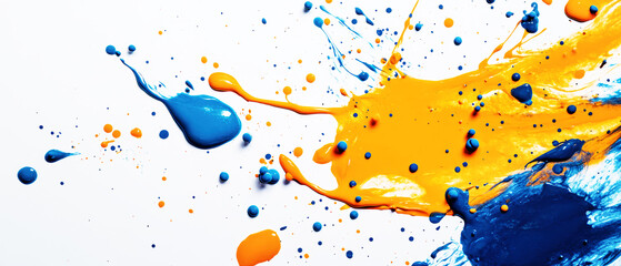 Vibrant orange and blue paint splashes on a clean white backdrop inspire artistic design