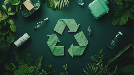 Recycling symbol made of green leaves surrounded by various recyclable materials, promoting sustainability and environmental awareness
