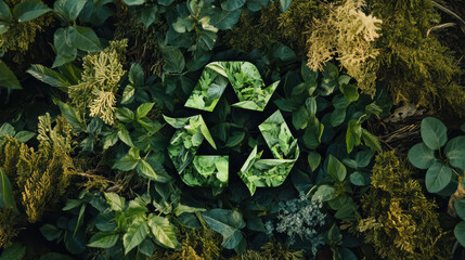 recycling symbol made of green leaves surrounded by lush foliage represents sustainability and environmental awareness. This emphasizes importance of nature and eco friendliness