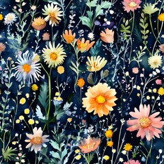Seamless floral pattern with yellow daisies and blooming flowers in a vintage design.