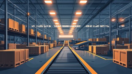 Obraz premium Modern Warehouse Interior with Conveyor Belt and Stacked Boxes in a Spacious Industrial Environment for Logistics and Supply Chain Solutions