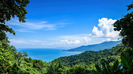 Fototapeta premium serene landscape featuring lush greenery, clear blue sky, and tranquil ocean views. vibrant colors and natural beauty evoke sense of peace and relaxation