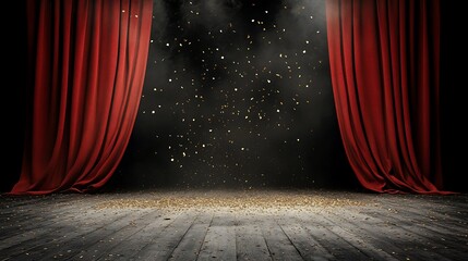 Velvet Curtains Part on Dusty Theater Stage: A 3D Render AI Generated