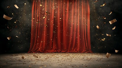 Red Velvet Curtain After the Show: Golden Confetti on Dusty Stage Floor AI Generated