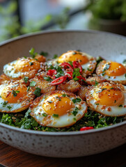 Scrambled Eggs with Herbs, Red Peppers, and Cheese Garnish on Simple Surface for Food Photography or Cooking Tutorials