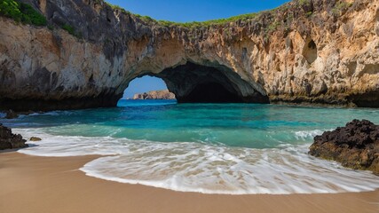 Secluded cavelike beach with crystalline waters embraced by rugged cliffs offering a tranquil escape at midday