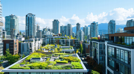 Fototapeta premium vibrant cityscape featuring green rooftops and urban gardens, showcasing modern architecture against backdrop of skyscrapers and mountains. scene reflects sustainability and urban living