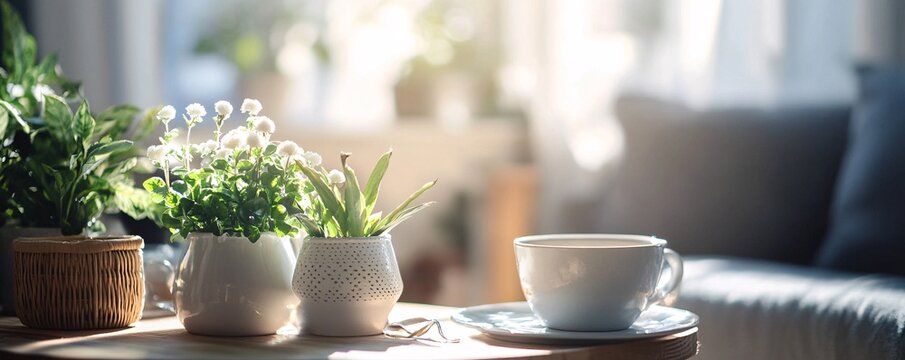 Enjoying morning coffee with plants in cozy living room