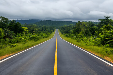 Endless road stretching through lush green forests under cloudy skies, perfect for travel, adventure, and nature visuals, symbolizing exploration and freedom in scenic landscapes