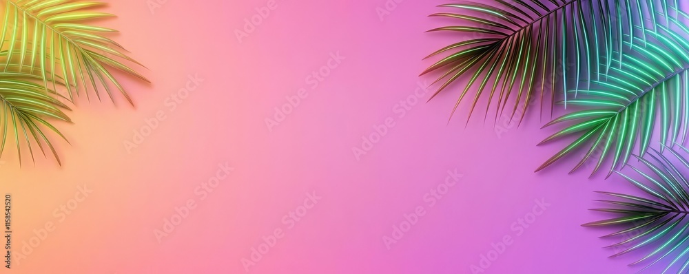 Poster palm leaves abstract background concept. vibrant tropical leaves frame a colorful gradient backgroun