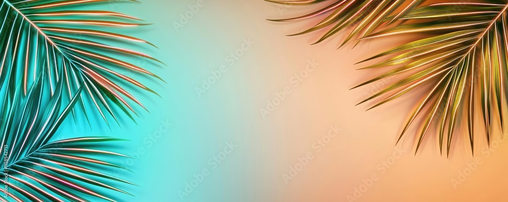 Poster palm leaves abstract background concept. vibrant tropical palm leaves against a colorful gradient ba