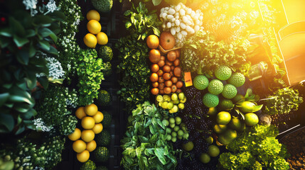 Fresh fruits and vegetables arranged in vibrant marketplace, showcasing eco friendly products. sunlight enhances colors, creating lively atmosphere