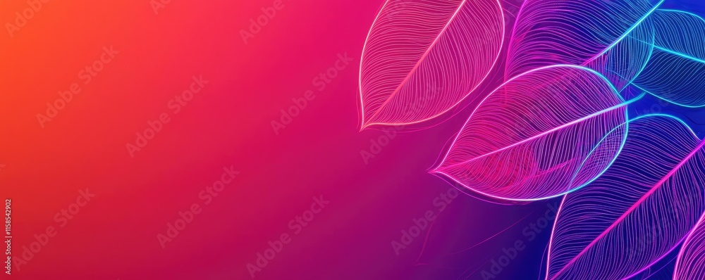 Poster Rose leaves abstract background concept. Colorful gradient background with outlined leaves for creative design projects.