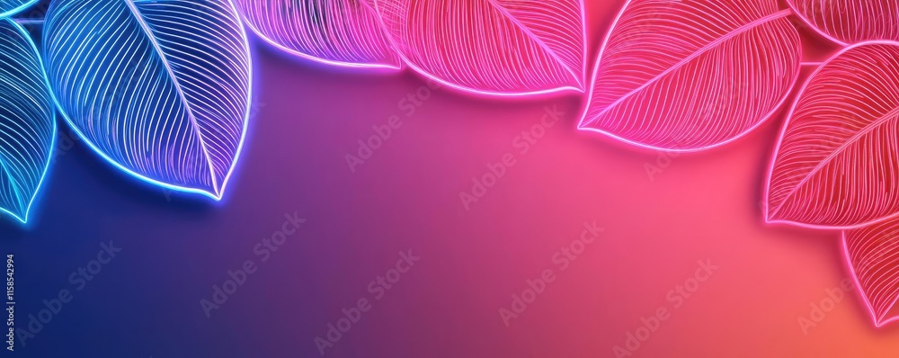 Poster rose leaves abstract background concept. a vibrant design featuring glowing neon leaves against a co
