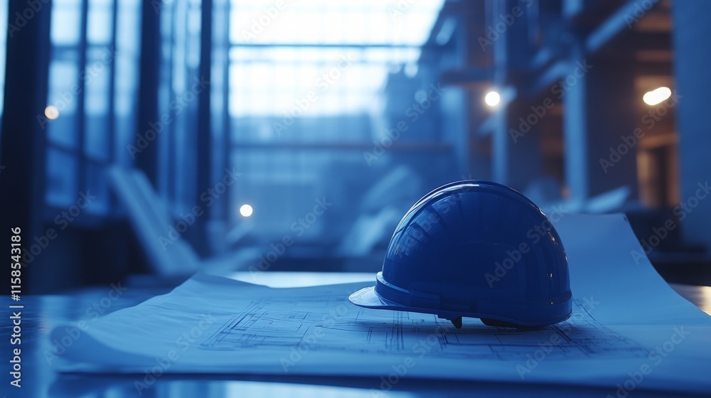 Poster construction plans are spread out on a table with a blue hard hat resting on top. the dimly lit envi