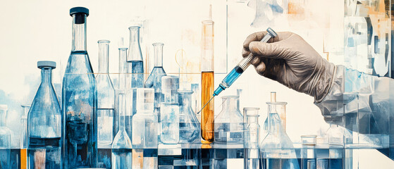 Exploring scientific innovation with laboratory equipment and medical research in a double exposure artistic representation