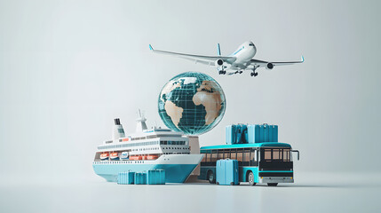 Travel the world with planes, buses, cruises, and luggage; global tourism, transport, and adventure services connecting destinations for seamless travel experiences