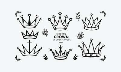 Crowns vector set in doodle style illustrations, Line sketch of the classic tiara for the head of princess and prince, crown of king and queen, emperor and empress. easily editable.