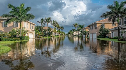 Obraz premium Flooded residential street with palm trees and houses under stormy skies.