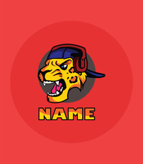 Cartoon tiger mascot logo with cap and bold text. Perfect for sports teams, gaming clans, or branding projects.
