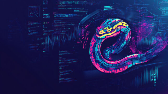 vibrant digital illustration of stylized snake representing programming, with futuristic background featuring data visualizations and code elements