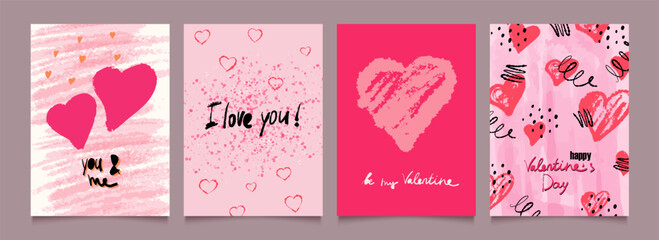 36Valentine's day love abstract backgrounds or cards with hand drawn hearts, shapes and lettering. Templates of vector watercolor posters. Trendy vector illustration.