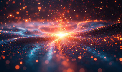 Fototapeta premium A vibrant digital landscape where AI-generated art materializes from a glowing, fractal-like central point