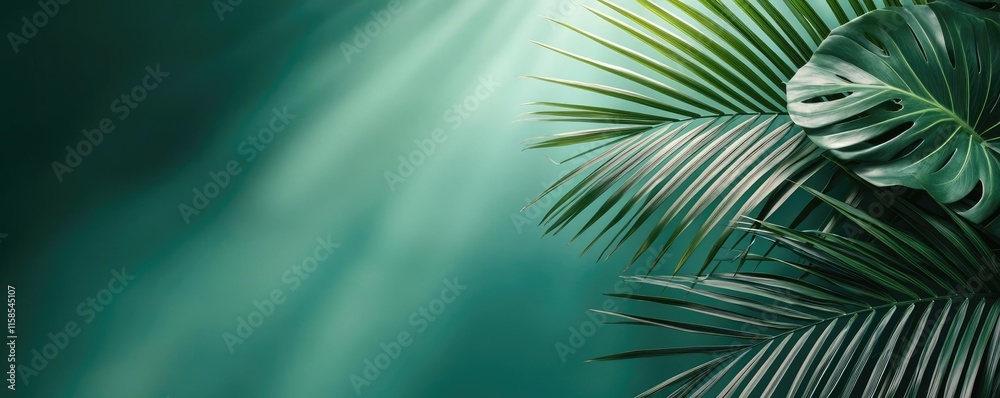 Poster palm leaves abstract background concept. lush green tropical leaves with soft light creating a seren