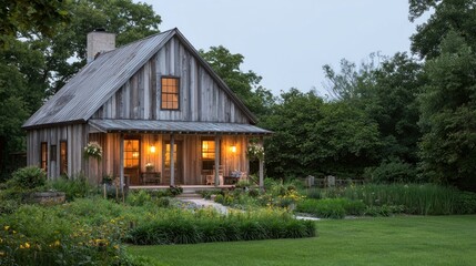 Obraz premium Rustic cabin illuminated at dusk, nestled in a lush garden.