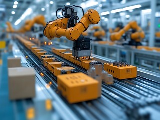 Automated robotic arm sorting packages on conveyor belt in factory.