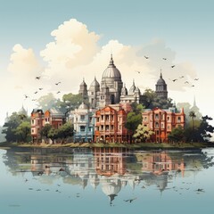 Obraz premium Serene Kolkata Cityscape in Minimalistic Style with River and Buildings