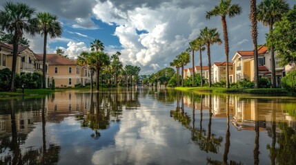 Fototapeta premium Flooded street with houses and palm trees reflecting in the water.