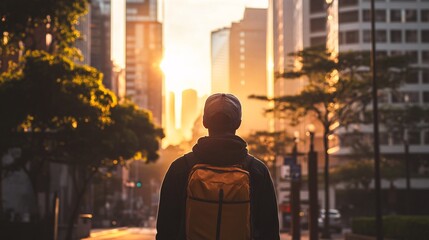 Obraz premium Tourist walking in city center at golden hour admiring skyscrapers