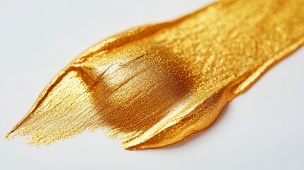 A shimmering gold paint swatch glistens against a white background, showcasing rich texture and vibrant color.