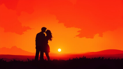 Fototapeta premium Illustration of a couple silhouette at sunset, symbolizing love and romance.