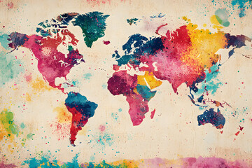 Watercolor world map with colorful splashes, blending artistic creativity and global concepts; ideal for travel, education, decor, and unique design projects